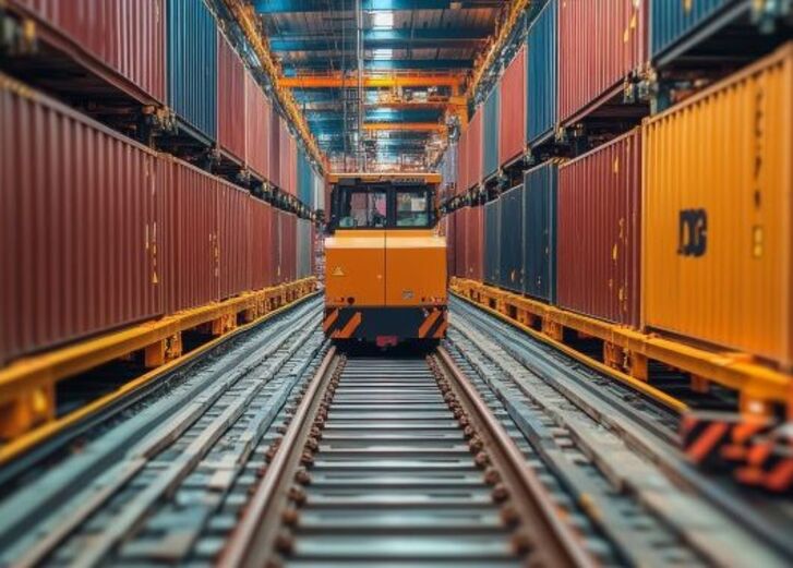 Ein gelbes Schienenfahrzeug bewegt sich zwischen gestapelten Versandcontainern in einem Lagerhaus.