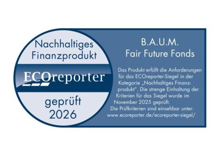 Blaues ECOreporter-Siegel für ein nachhaltiges Finanzprodukt, gültig bis 2026.
