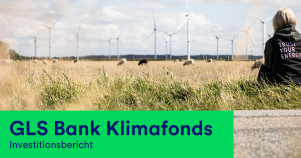 Frau sitzt Wiese und schaut Richtung Windpark im Grünen, Titelbild des GLS Bank Klimafonds Investitionsbericht der GLS Investments