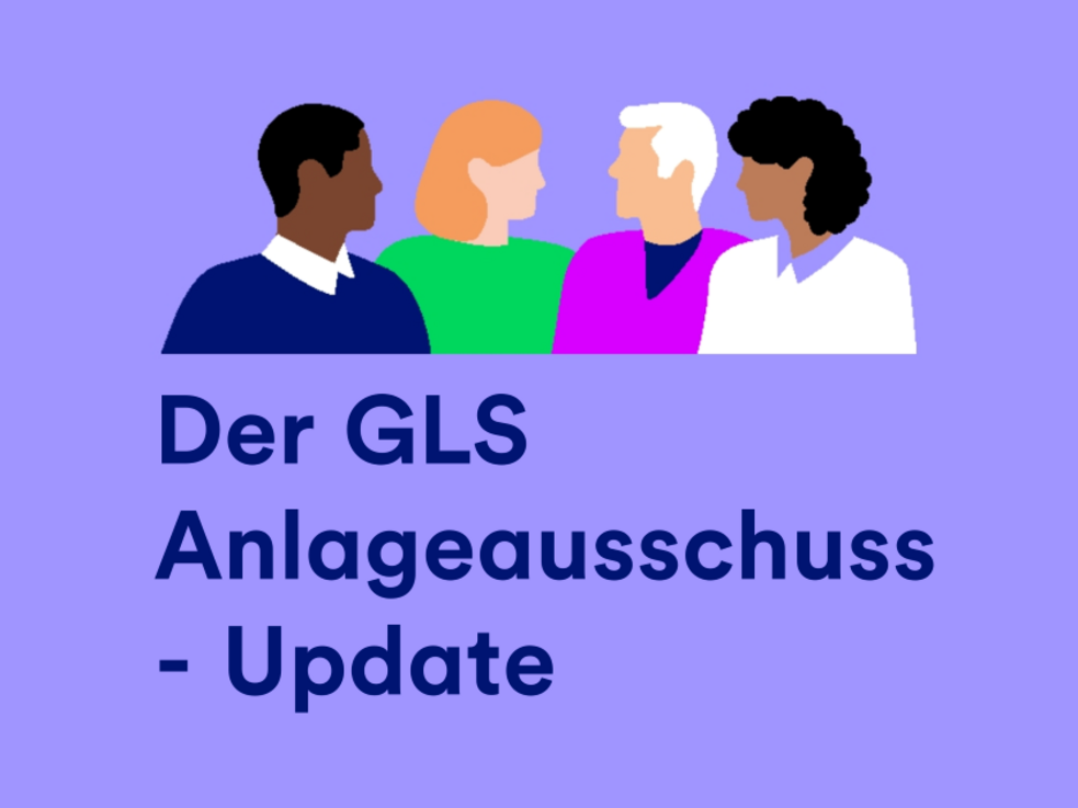 Illustration von vier Personen über dem Text Der GLS Anlageausschuss - Update on purple.