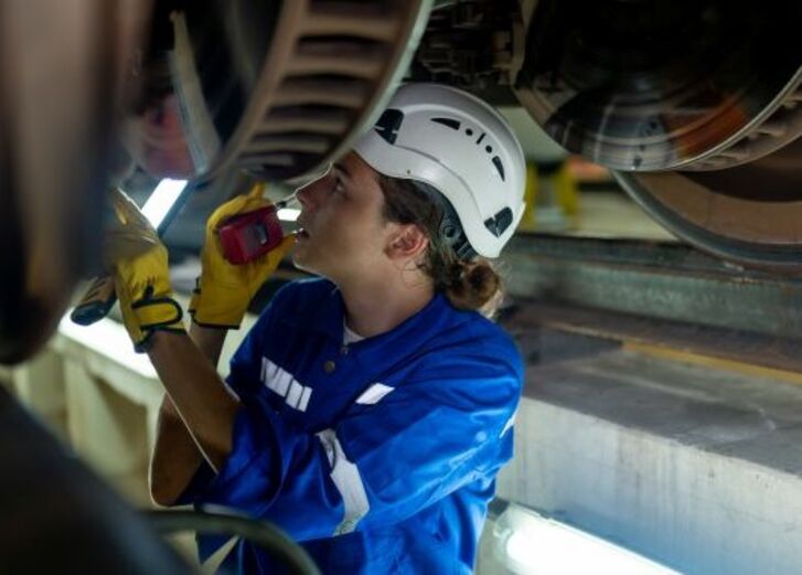 Eine Person in Schutzkleidung inspiziert eine Maschine mit einer Taschenlampe in einer industriellen Umgebung.