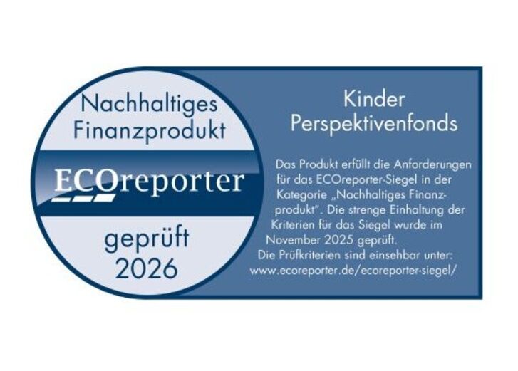 Blau-weißes ECOreporter-Siegel für ein nachhaltiges Finanzprodukt, gültig bis 2026.