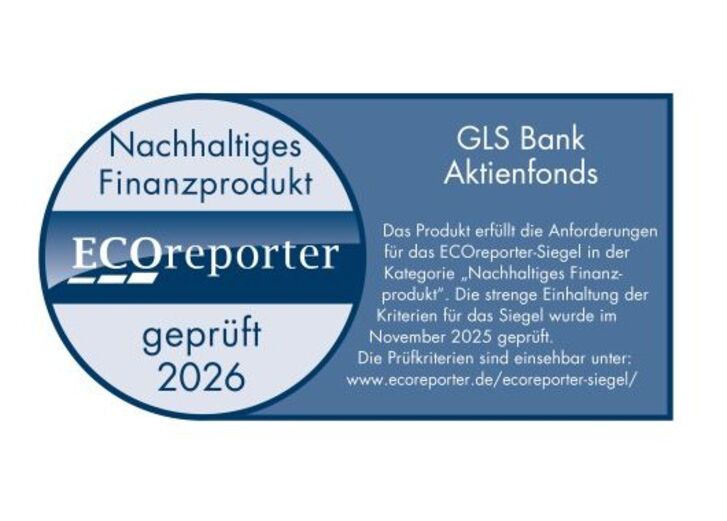 Blaue Zertifizierungsplakette für den GLS Bank Aktienfonds als nachhaltiges Finanzprodukt.