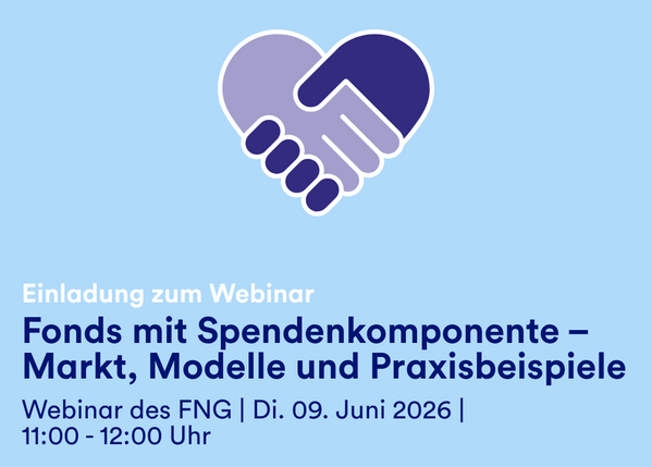 Illustration zweier Hände, die sich schütteln, über Webinar-Angaben in deutscher Sprache zu Spendengeldern.