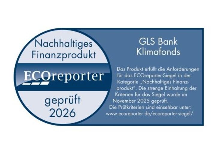 Blaues ECOreporter-Label für nachhaltige Finanzprodukte, verliehen für 2026.